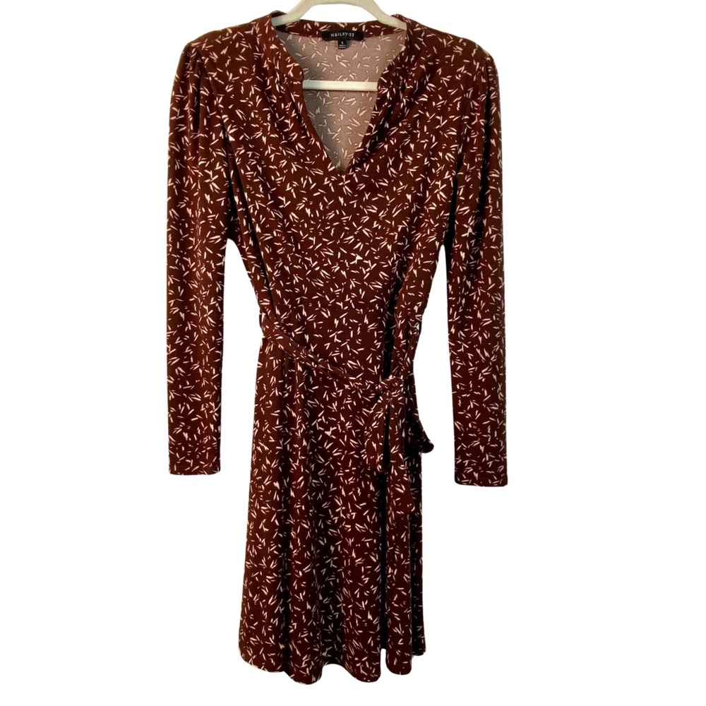 Hail3y:23  Burgundy White Graphic Long Sleeve Midi Dress Office Cocktail S